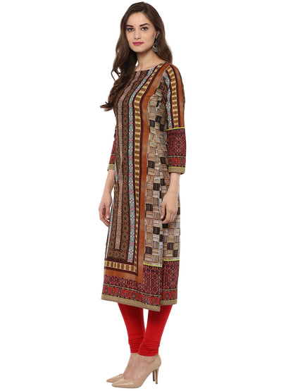 Women's Brown Cotton Digital Printed 3/4Th Sleeve Only Kurti