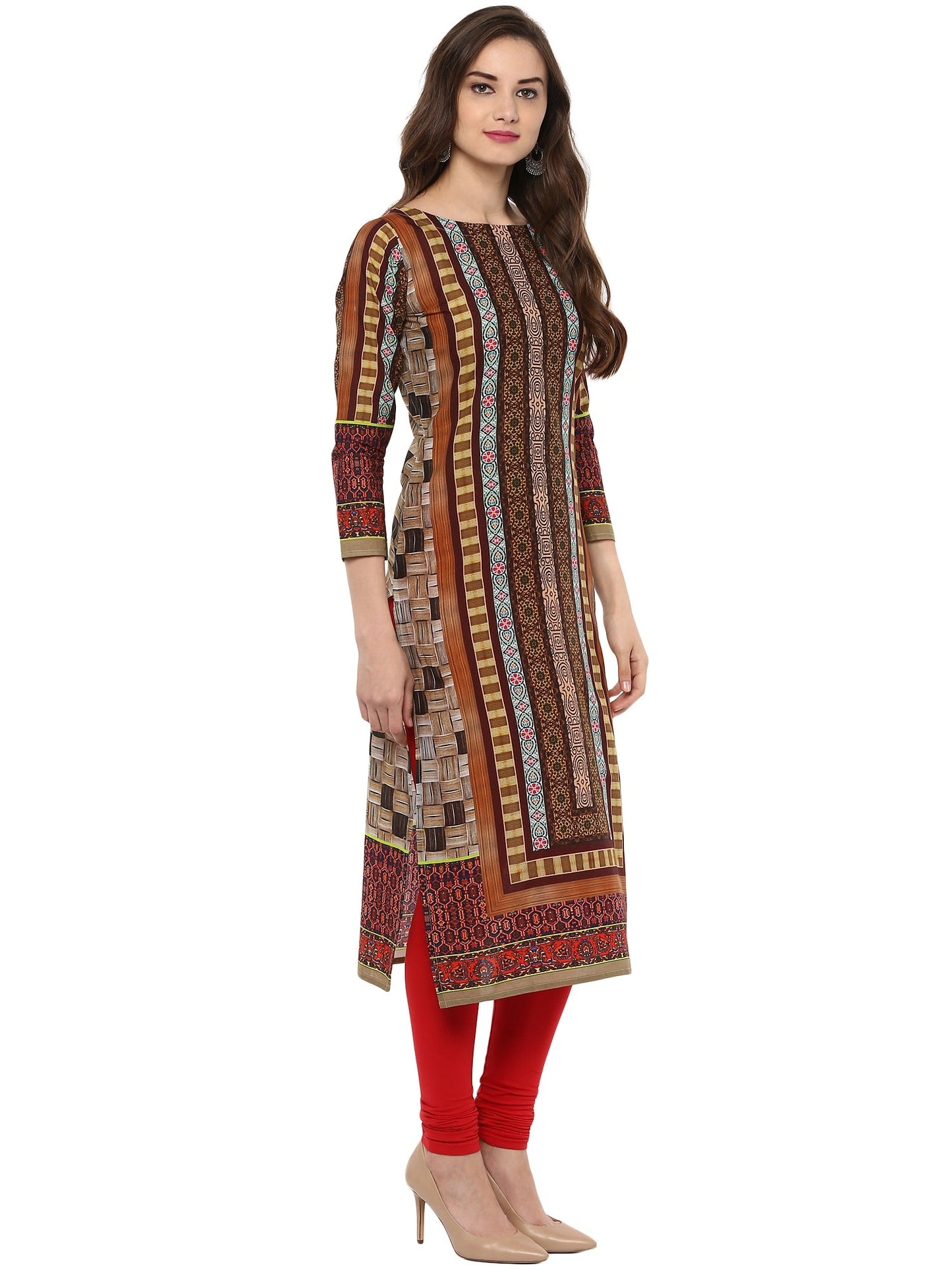 Women's Brown Cotton Digital Printed 3/4Th Sleeve Only Kurti