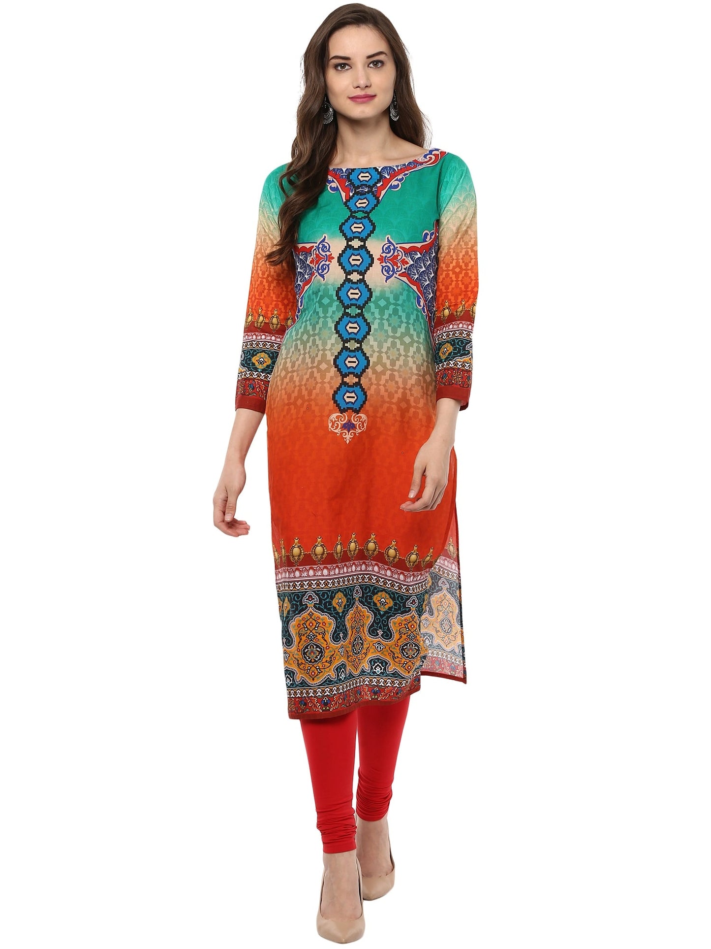Women's Orange Green Cotton Digital Printed 3/4Th Sleeve Only Kurti