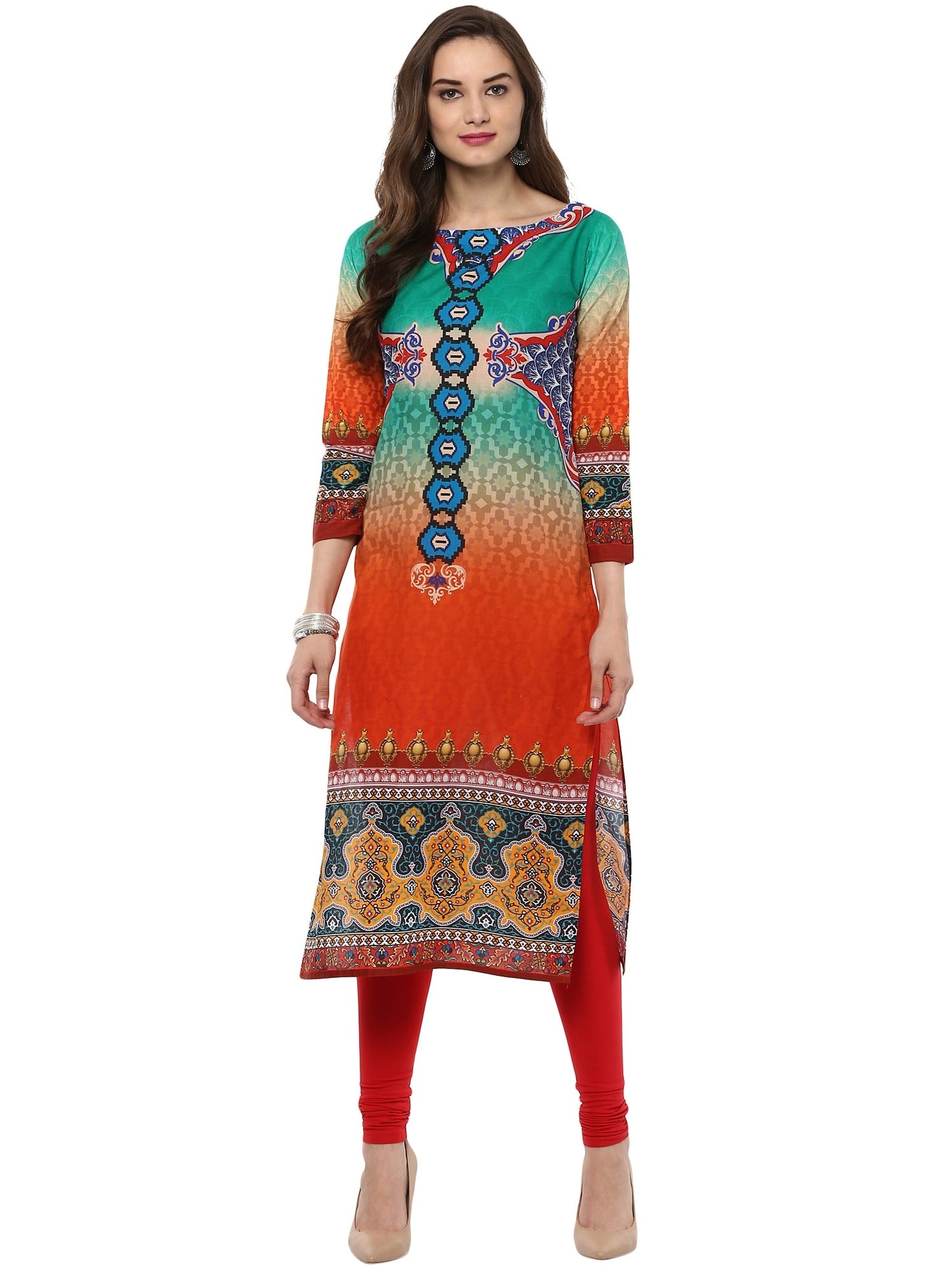 Women's Orange Green Cotton Digital Printed 3/4Th Sleeve Only Kurti