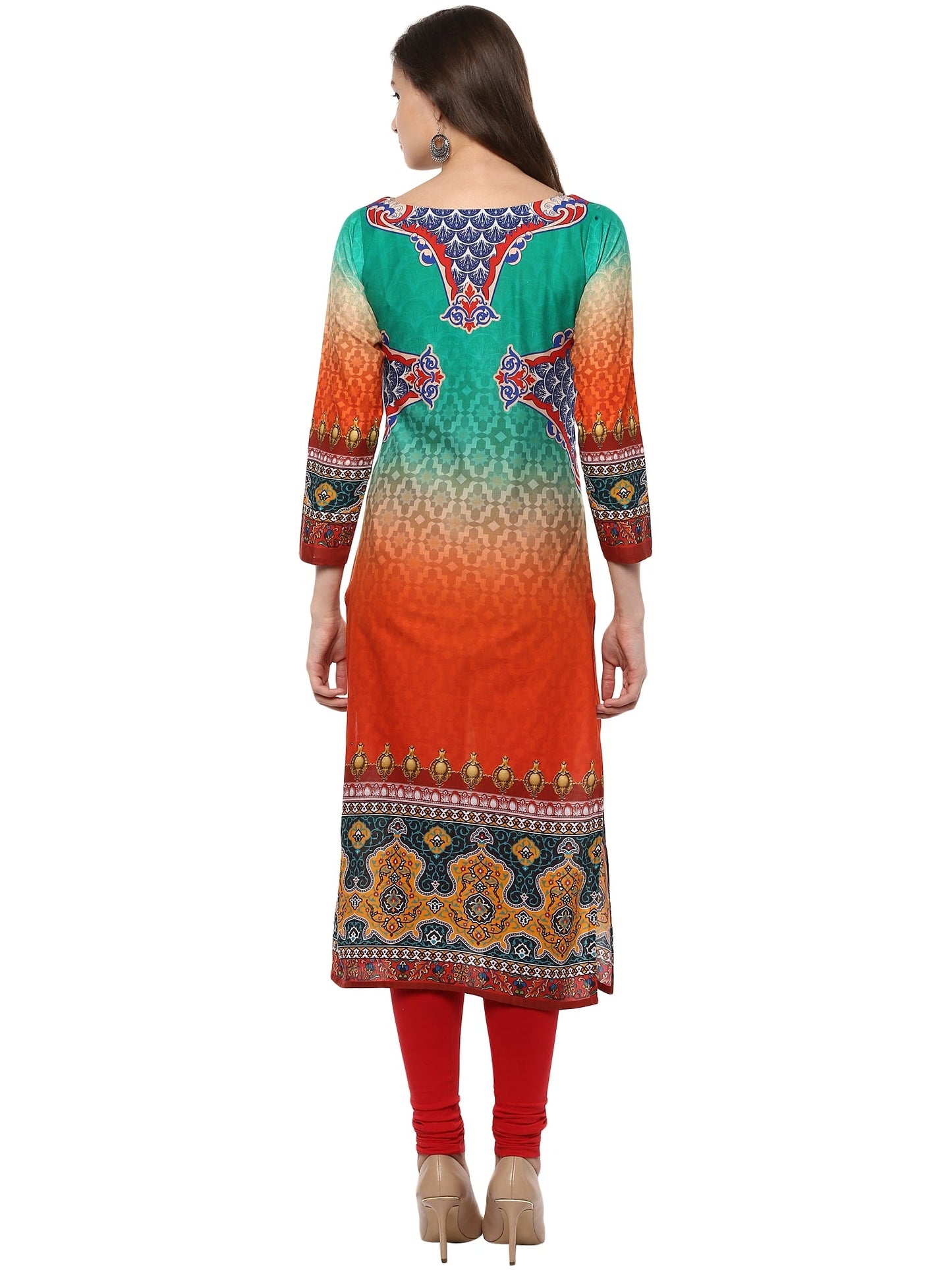 Women's Orange Green Cotton Digital Printed 3/4Th Sleeve Only Kurti