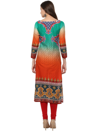 Women's Orange Green Cotton Digital Printed 3/4Th Sleeve Only Kurti