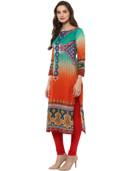 Women's Orange Green Cotton Digital Printed 3/4Th Sleeve Only Kurti