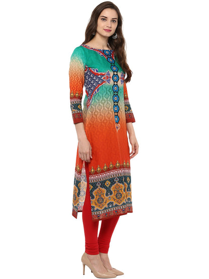 Women's Orange Green Cotton Digital Printed 3/4Th Sleeve Only Kurti