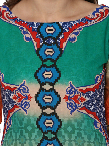 Women's Orange Green Cotton Digital Printed 3/4Th Sleeve Only Kurti