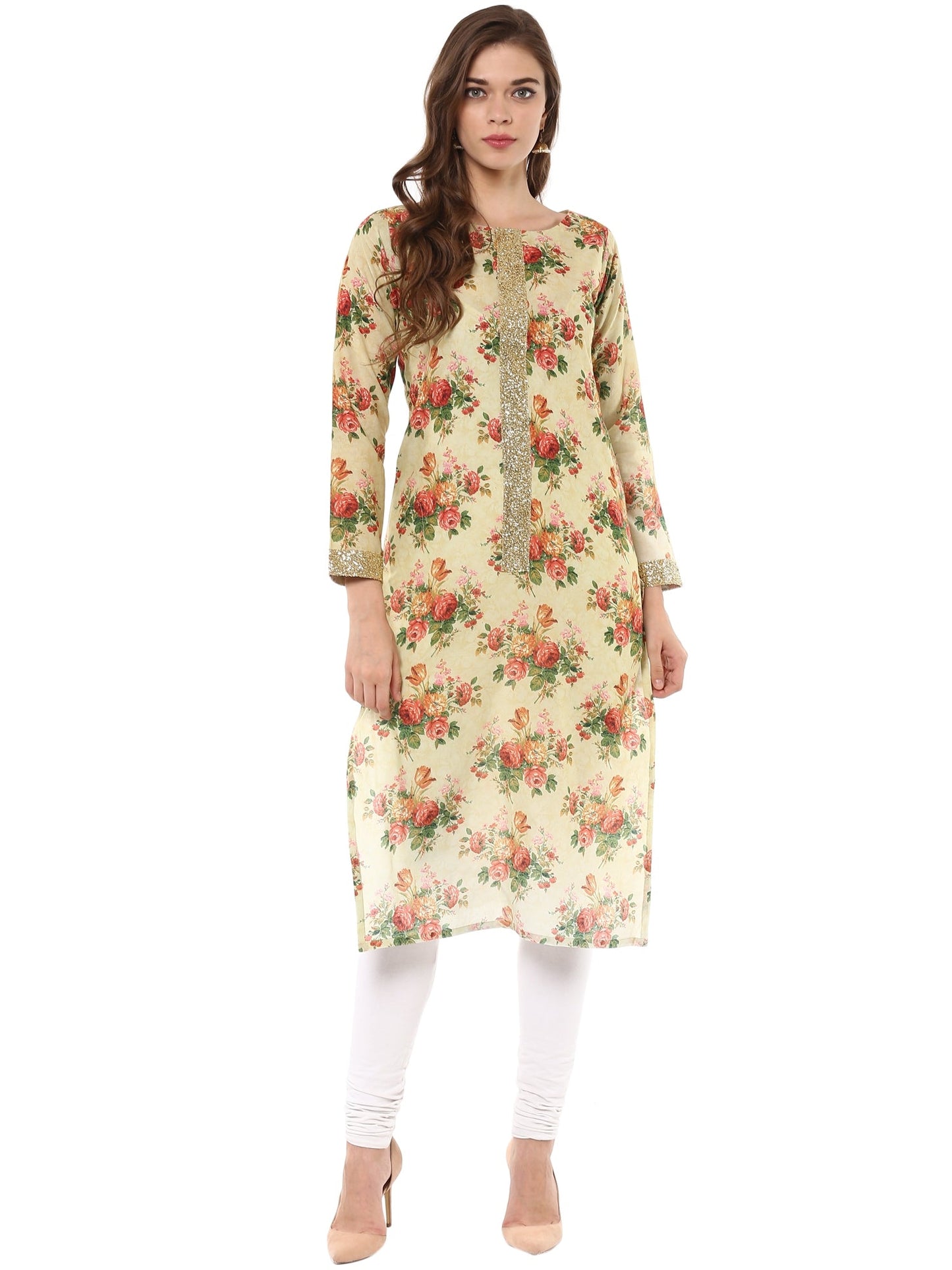 Women's Floral Cotton Partywear Straight Only Kurta