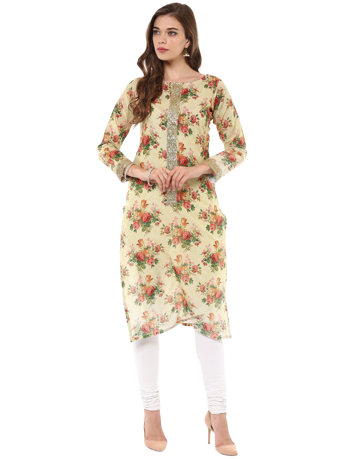 Women's Floral Cotton Partywear Straight Only Kurta
