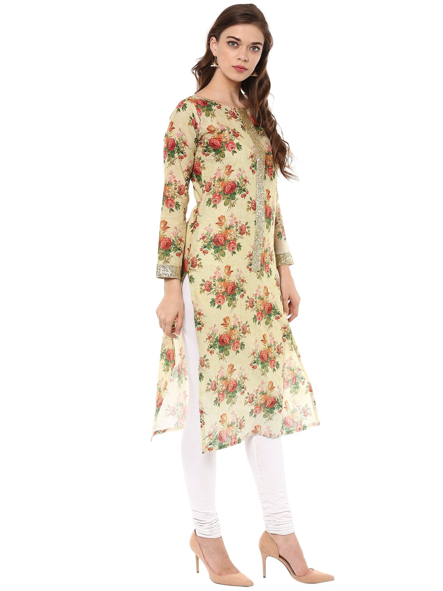 Women's Floral Cotton Partywear Straight Only Kurta