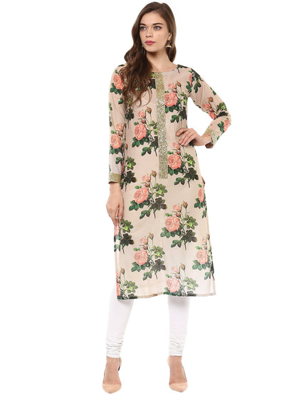 Women's Cotton Rose Print Floral Partywear Straight Only Kurta With Golden Border