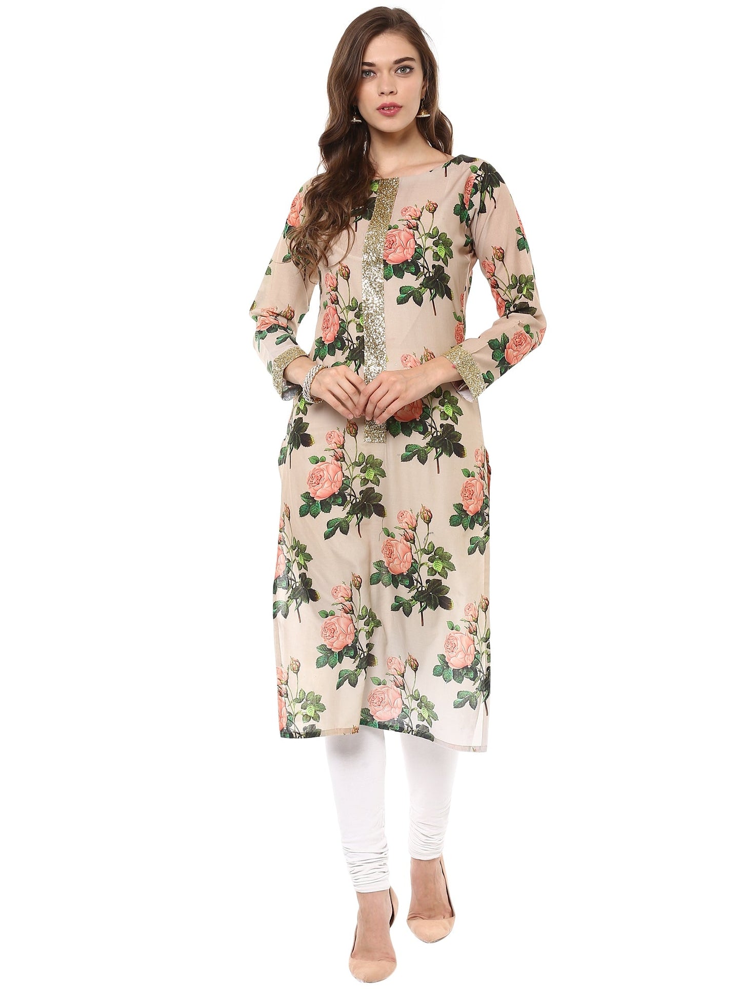 Women's Cotton Rose Print Floral Partywear Straight Only Kurta With Golden Border