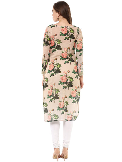 Women's Cotton Rose Print Floral Partywear Straight Only Kurta With Golden Border