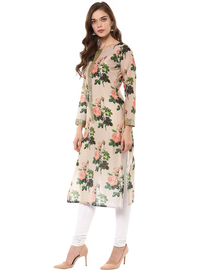 Women's Cotton Rose Print Floral Partywear Straight Only Kurta With Golden Border