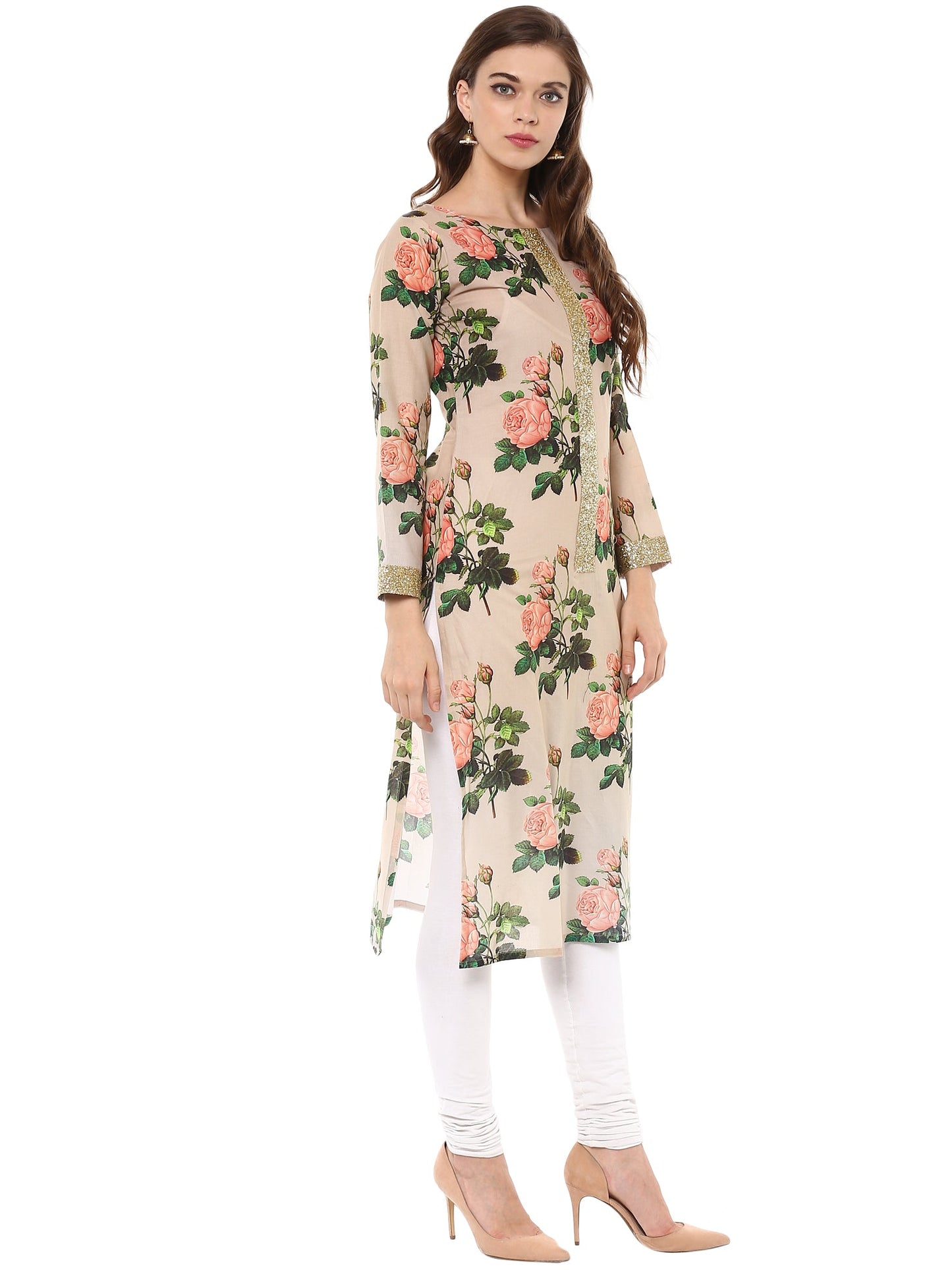 Women's Cotton Rose Print Floral Partywear Straight Only Kurta With Golden Border