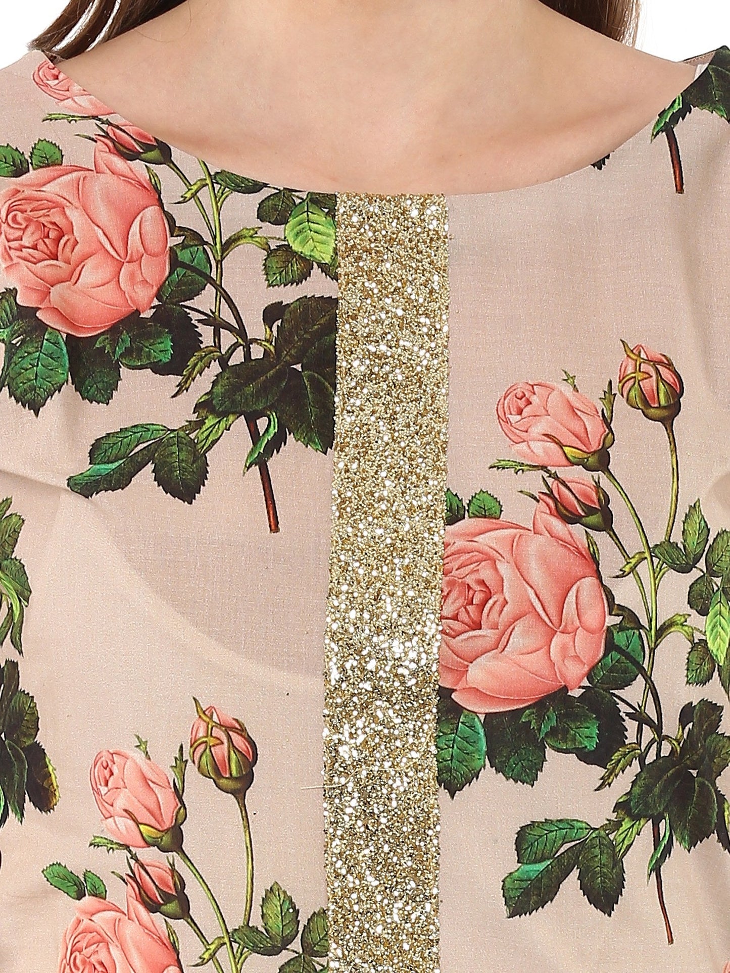 Women's Cotton Rose Print Floral Partywear Straight Only Kurta With Golden Border