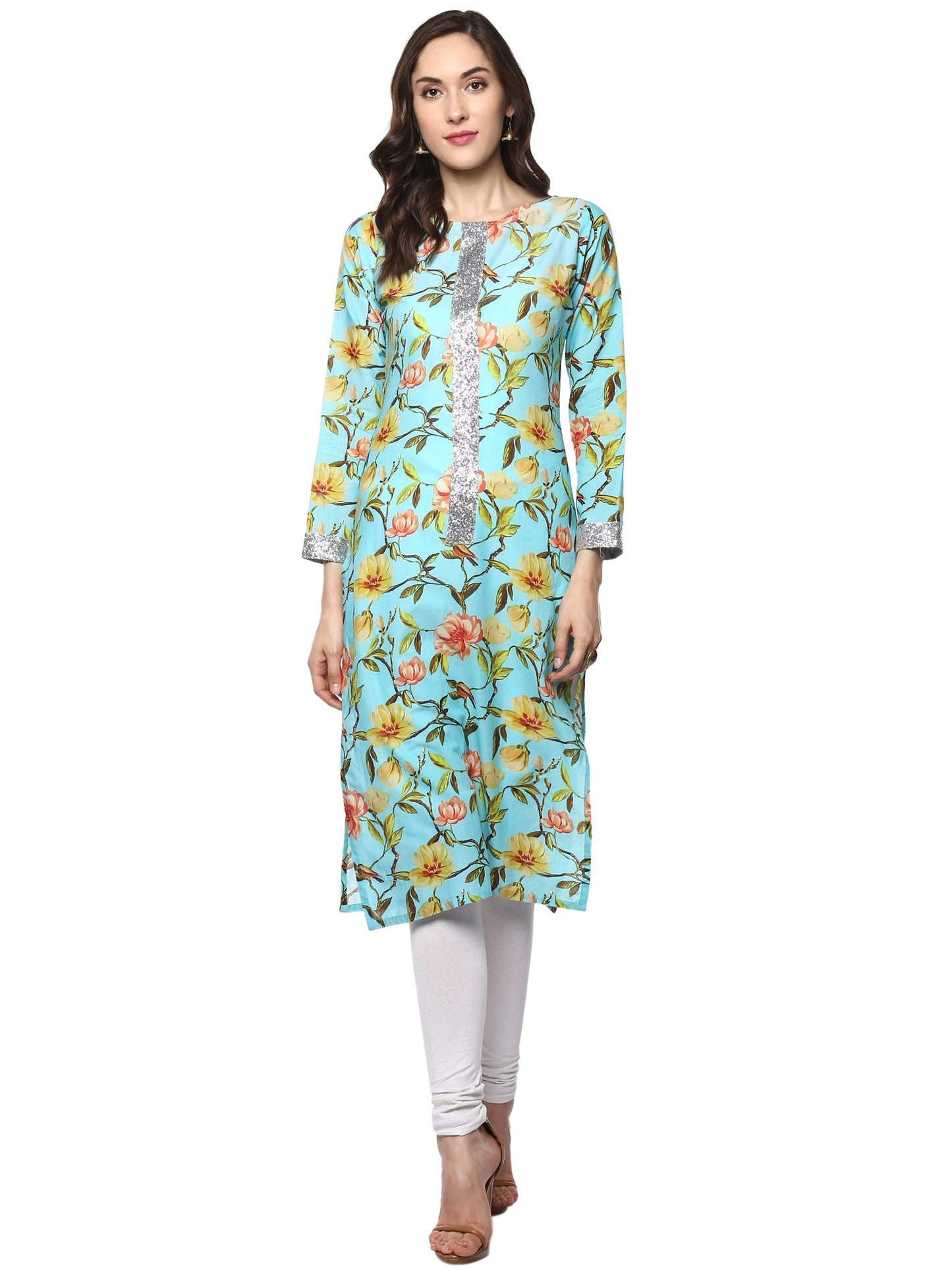 Women's Floral Cotton Partywear Straight Only Kurta With Silver Border