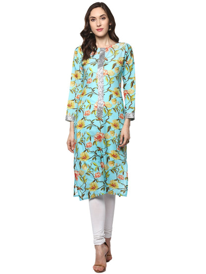 Women's Floral Cotton Partywear Straight Only Kurta With Silver Border