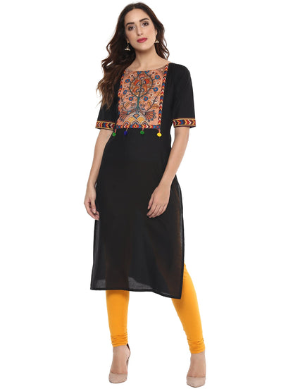 Women's Black Printed Straight Cotton Only Kurta