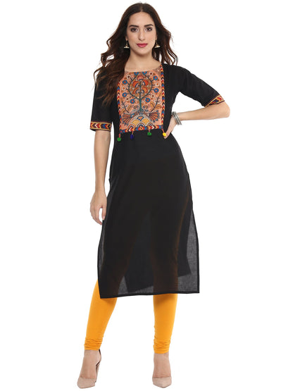 Women's Black Printed Straight Cotton Only Kurta