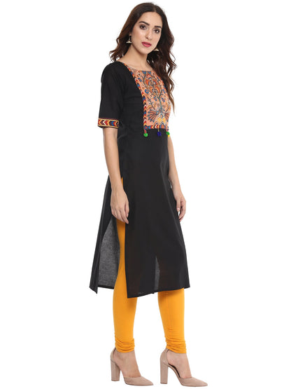 Women's Black Printed Straight Cotton Only Kurta