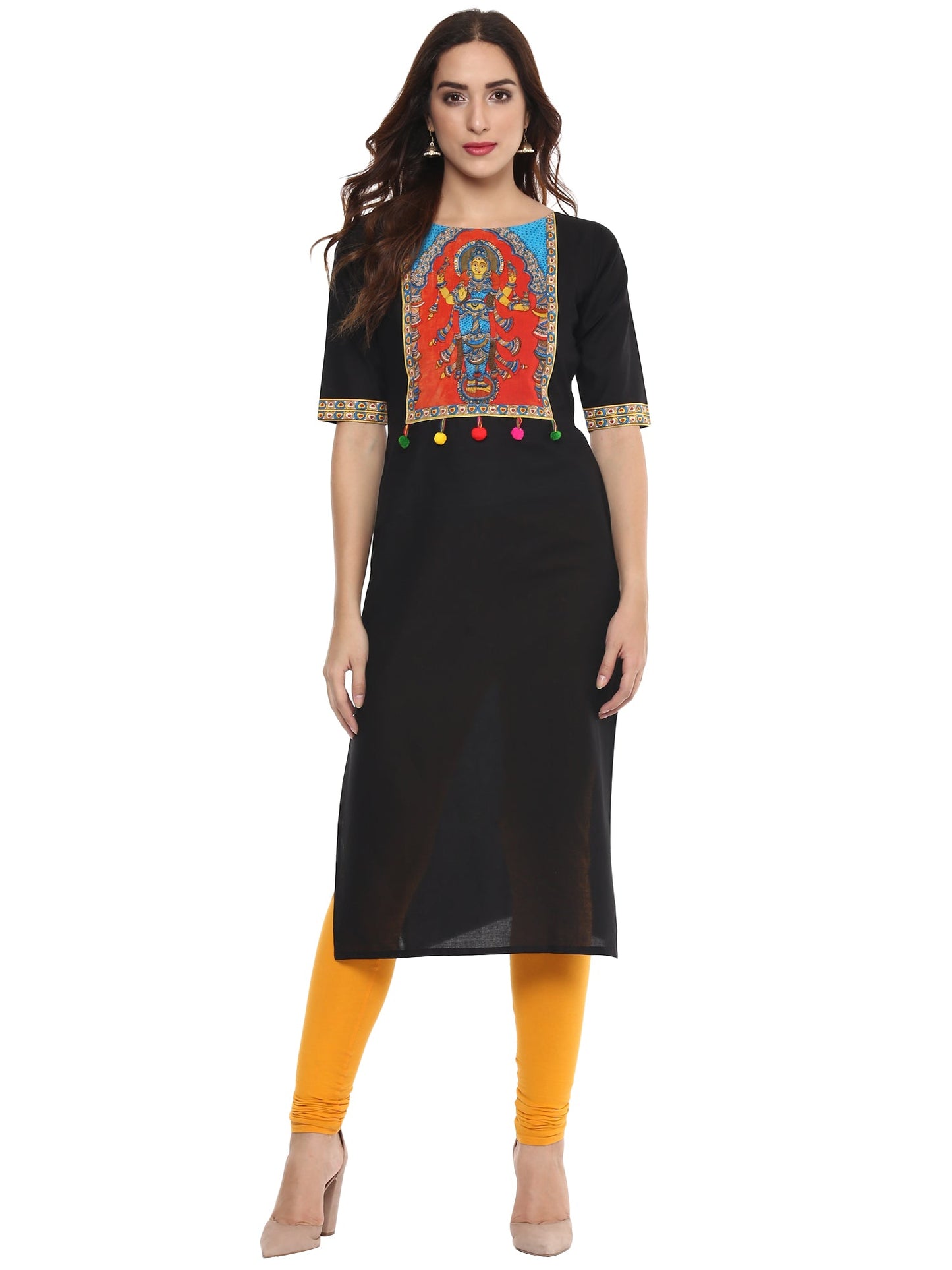 Women's Black Goddess Print Only Kurta With Pom Pom Lace
