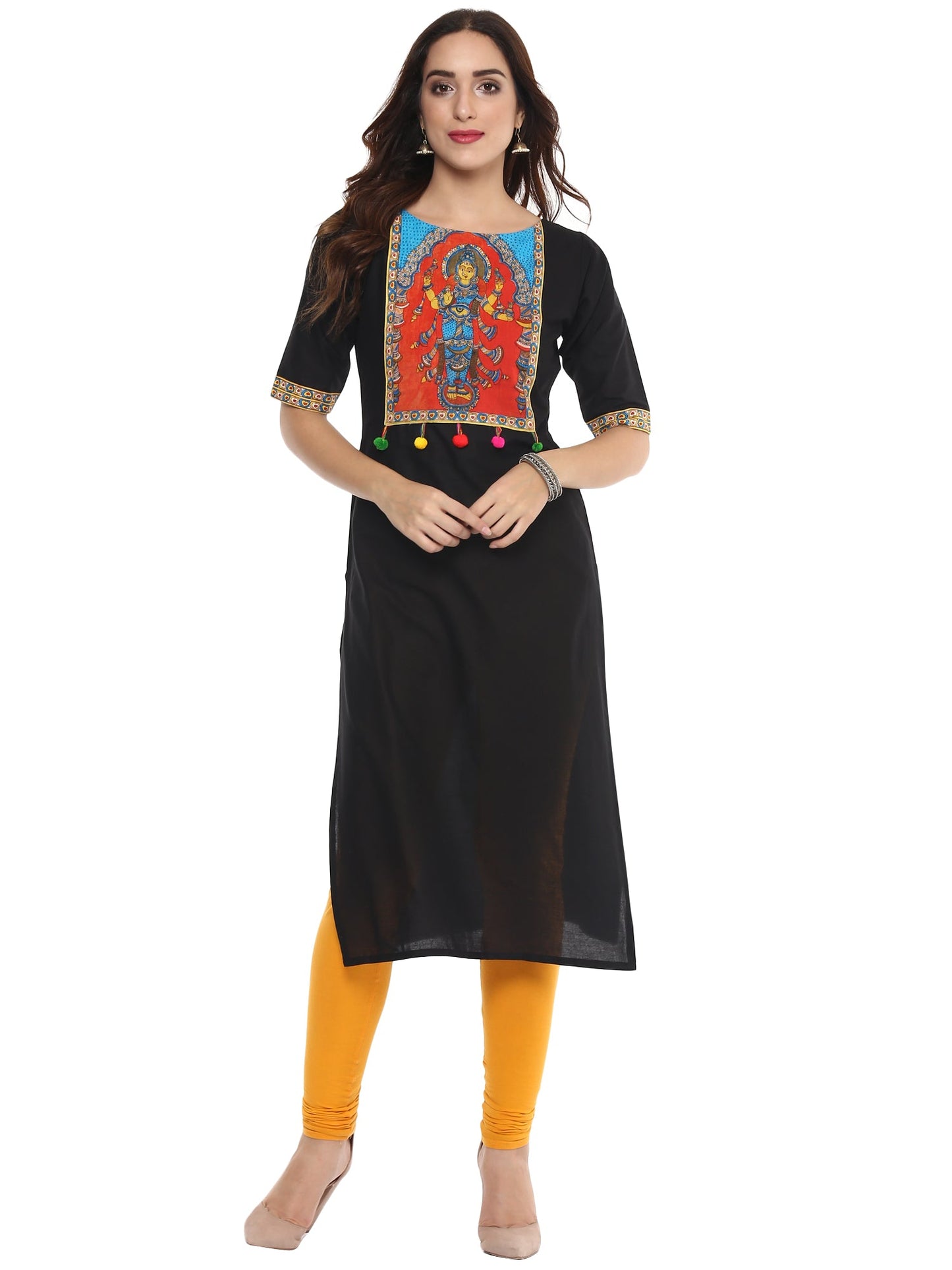 Women's Black Goddess Print Only Kurta With Pom Pom Lace