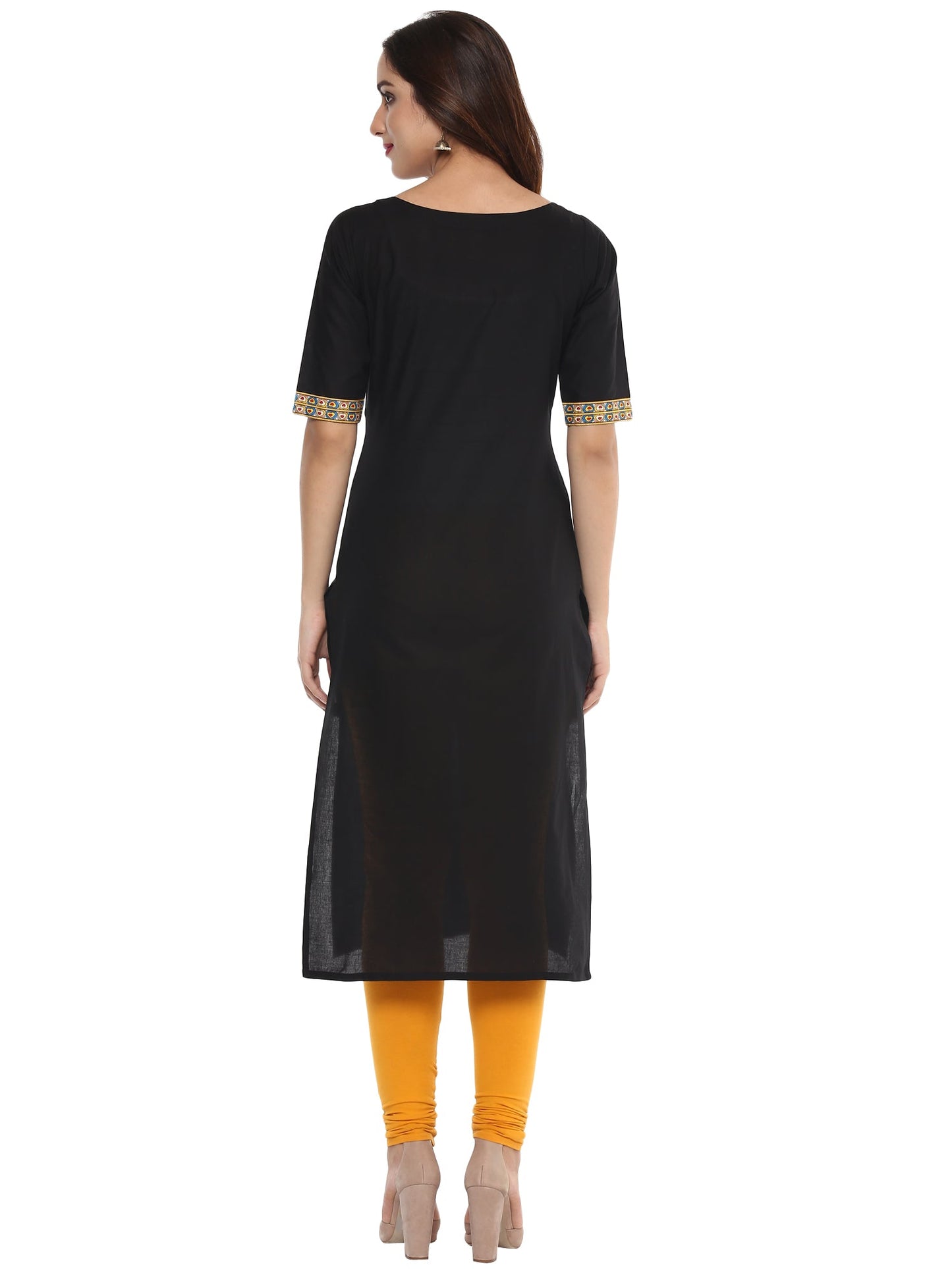 Women's Black Goddess Print Only Kurta With Pom Pom Lace
