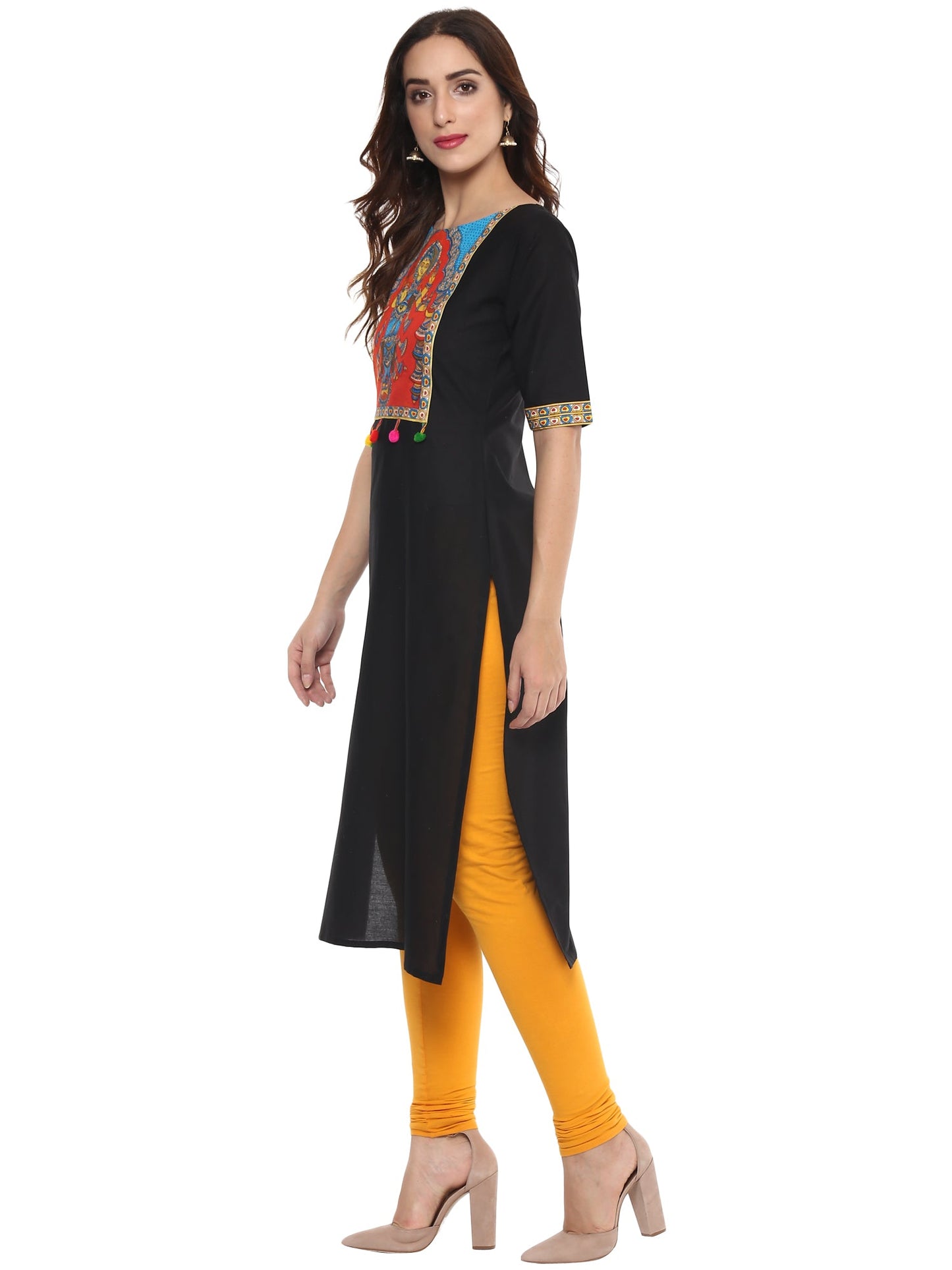 Women's Black Goddess Print Only Kurta With Pom Pom Lace