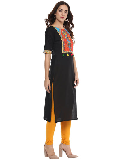 Women's Black Goddess Print Only Kurta With Pom Pom Lace