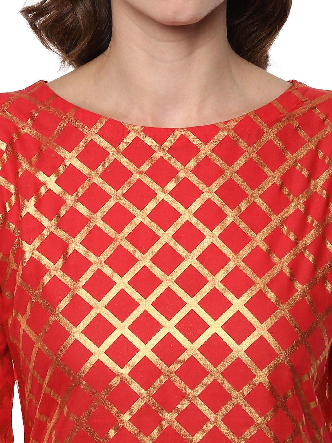Women's Red Cotton Gold-Toned Smoke Printed Straight Kurt