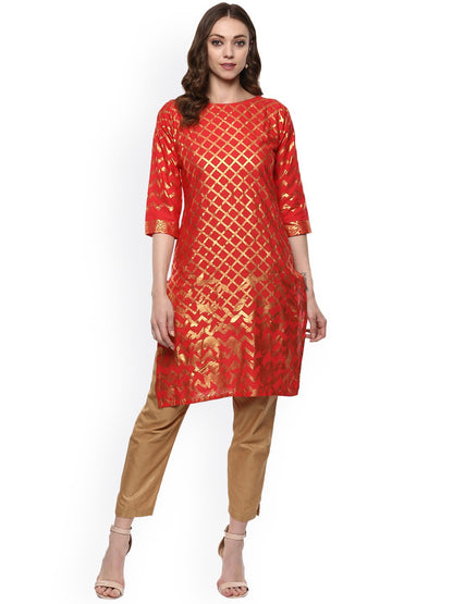 Women's Red Cotton Gold-Toned Smoke Printed Straight Kurt