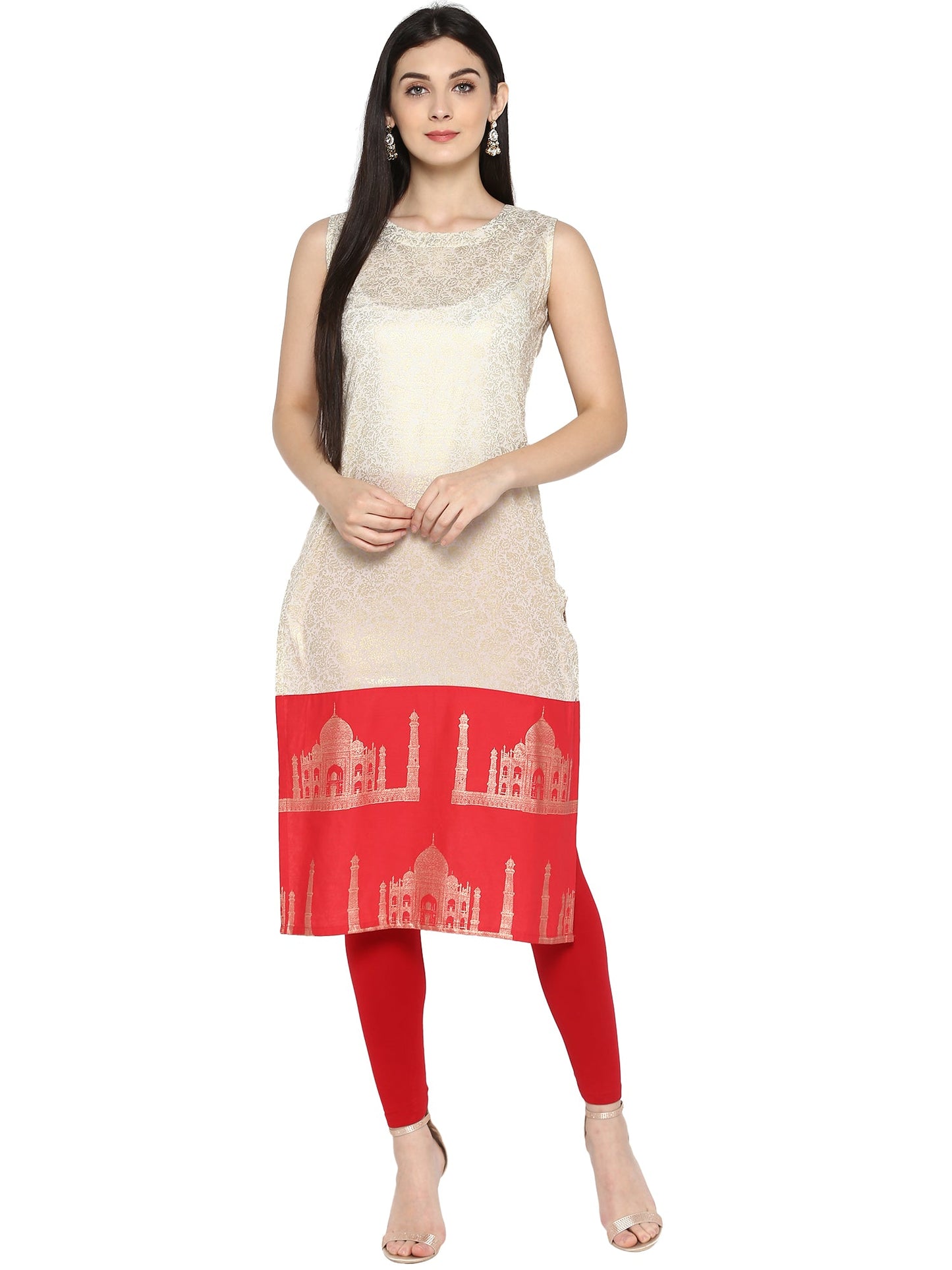 Women's Off White & Red Metallic Printed Straight Cotton Only Kurta