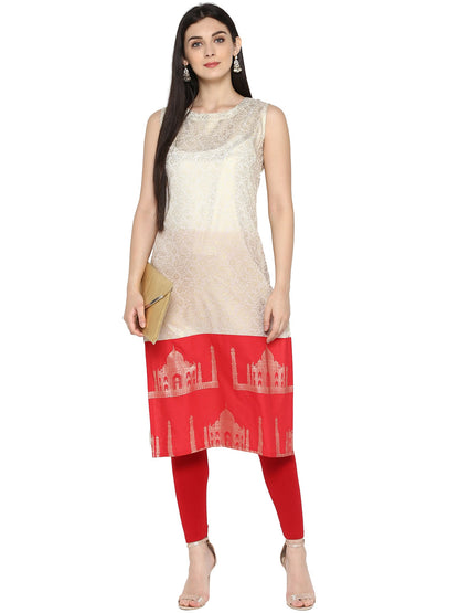 Women's Off White & Red Metallic Printed Straight Cotton Only Kurta