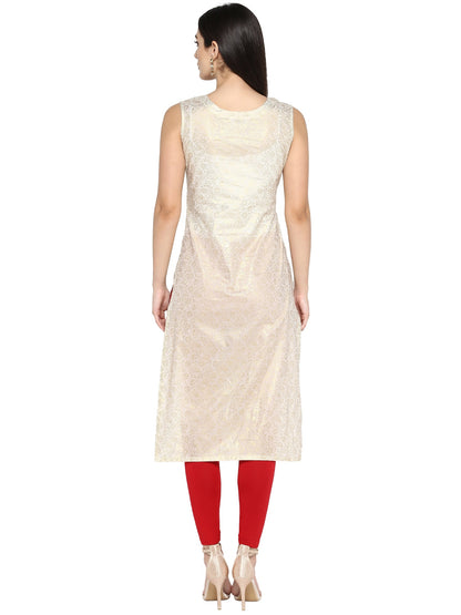 Women's Off White & Red Metallic Printed Straight Cotton Only Kurta