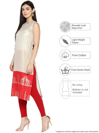 Women's Off White & Red Metallic Printed Straight Cotton Only Kurta