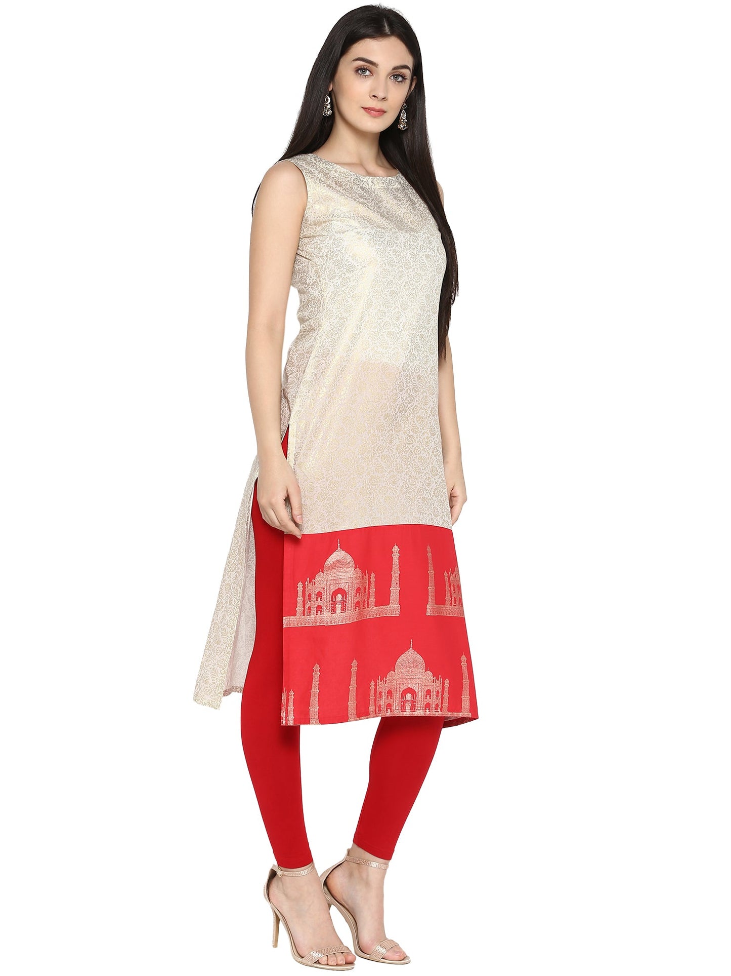 Women's Off White & Red Metallic Printed Straight Cotton Only Kurta