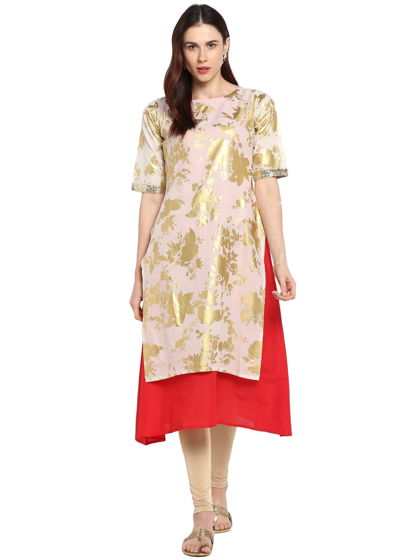 Women's Foil Print Double Layer Red & White Only Kurta