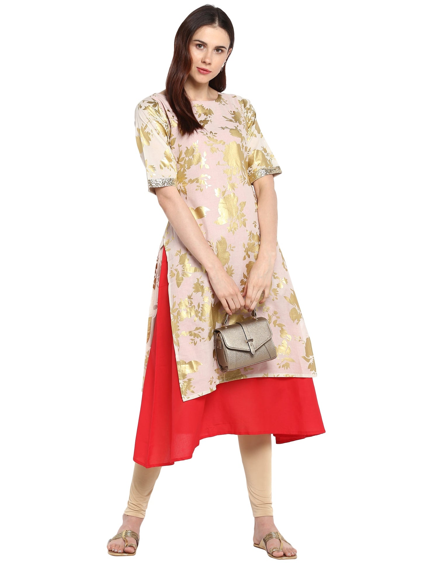 Women's Foil Print Double Layer Red & White Only Kurta