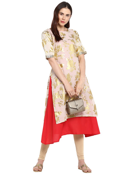 Women's Foil Print Double Layer Red & White Only Kurta