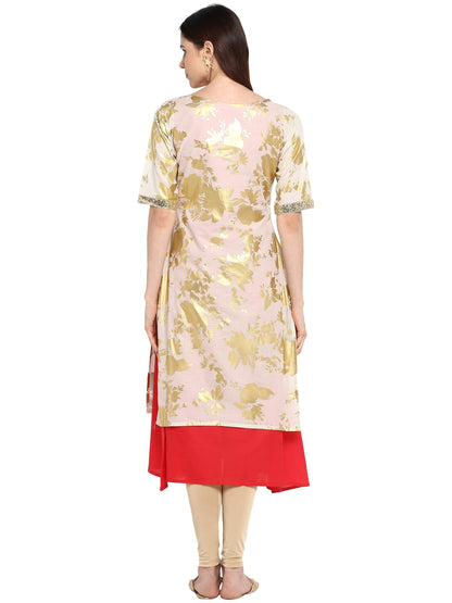 Women's Foil Print Double Layer Red & White Only Kurta