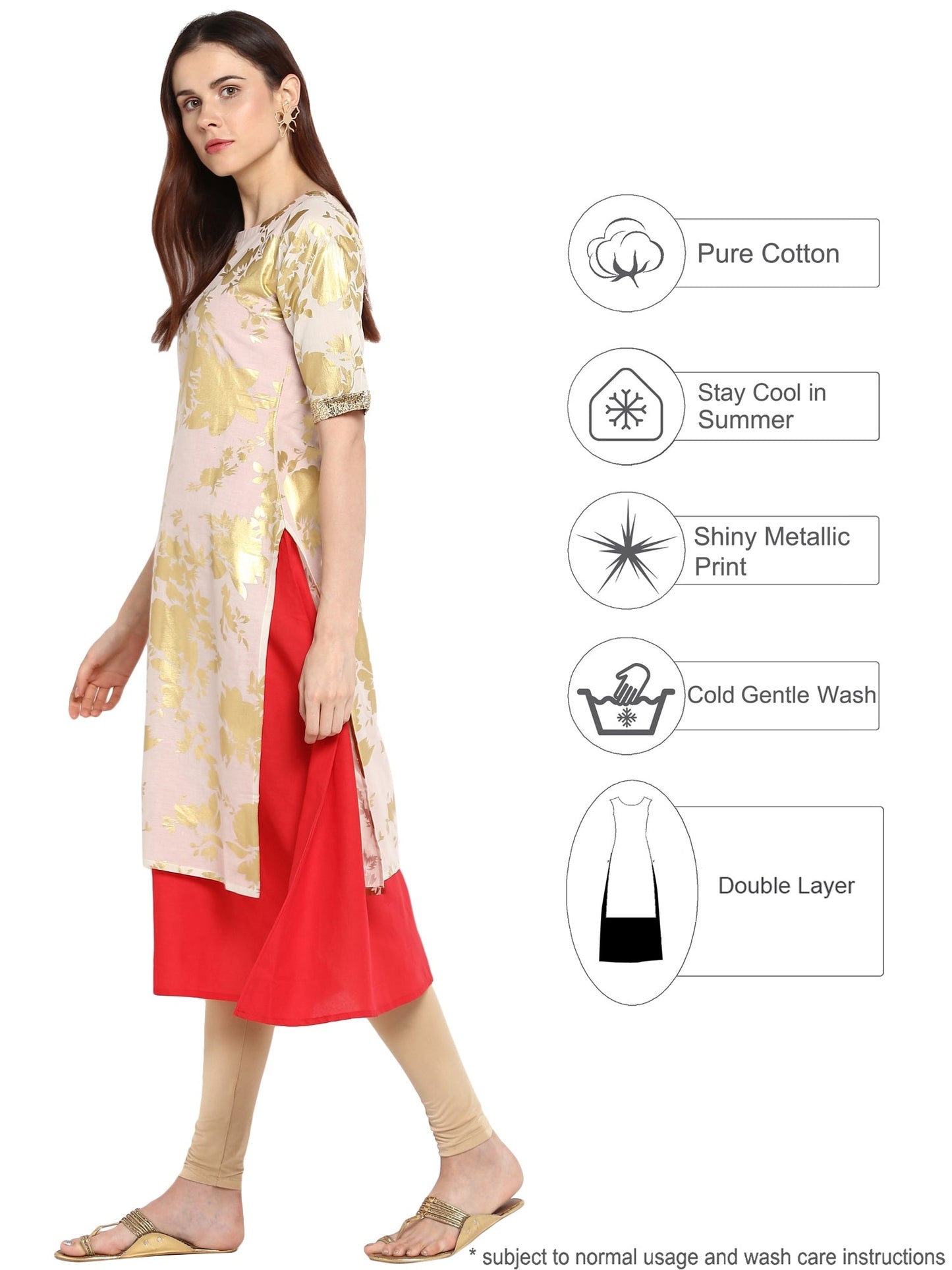 Women's Foil Print Double Layer Red & White Only Kurta