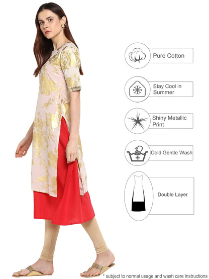 Women's Foil Print Double Layer Red & White Only Kurta