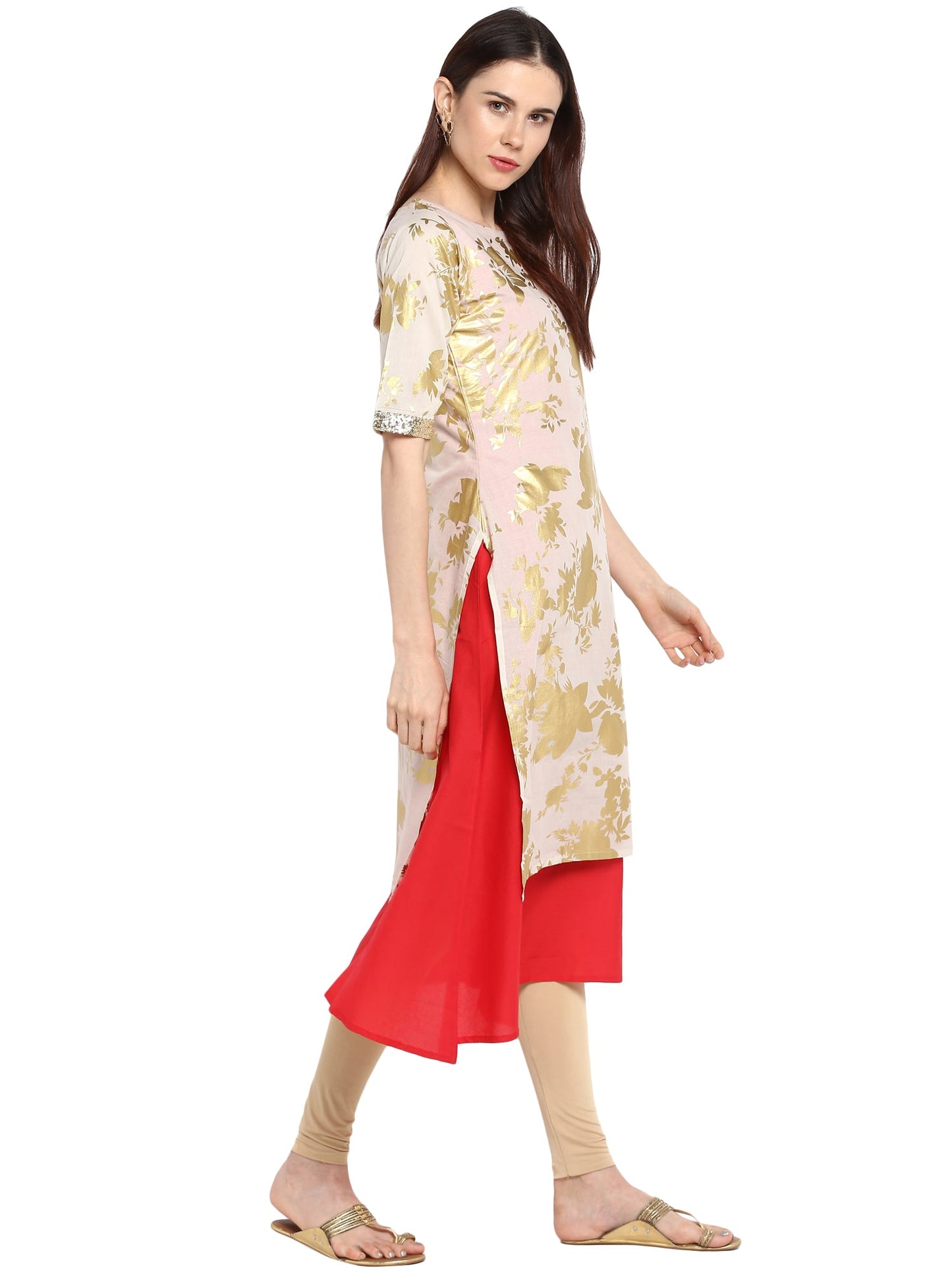 Women's Foil Print Double Layer Red & White Only Kurta