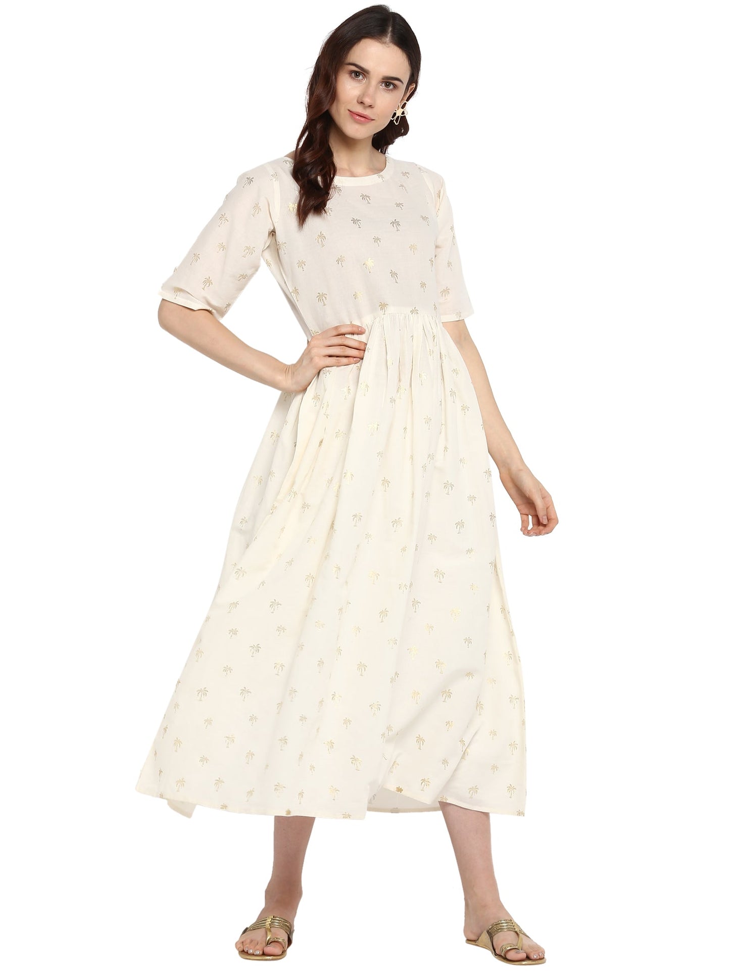 Women's Cream Cotton Only Kurta Dress With Small Banana Tree Print
