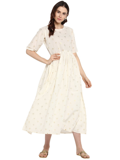 Women's Cream Cotton Only Kurta Dress With Small Banana Tree Print