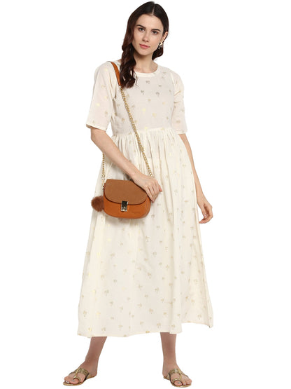 Women's Cream Cotton Only Kurta Dress With Small Banana Tree Print