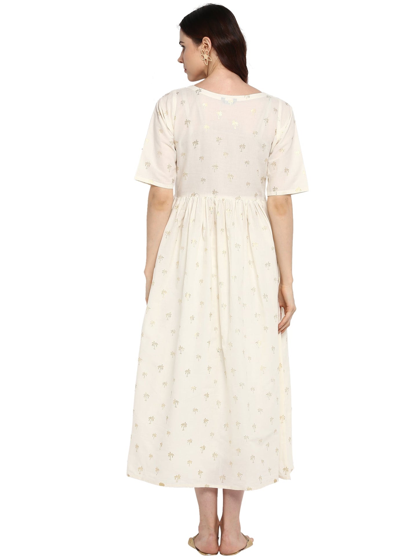 Women's Cream Cotton Only Kurta Dress With Small Banana Tree Print