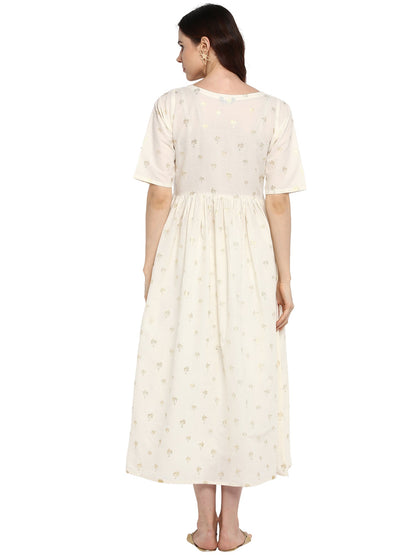 Women's Cream Cotton Only Kurta Dress With Small Banana Tree Print