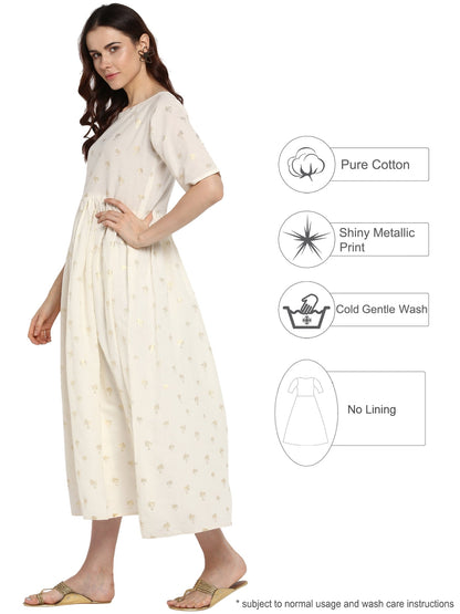 Women's Cream Cotton Only Kurta Dress With Small Banana Tree Print