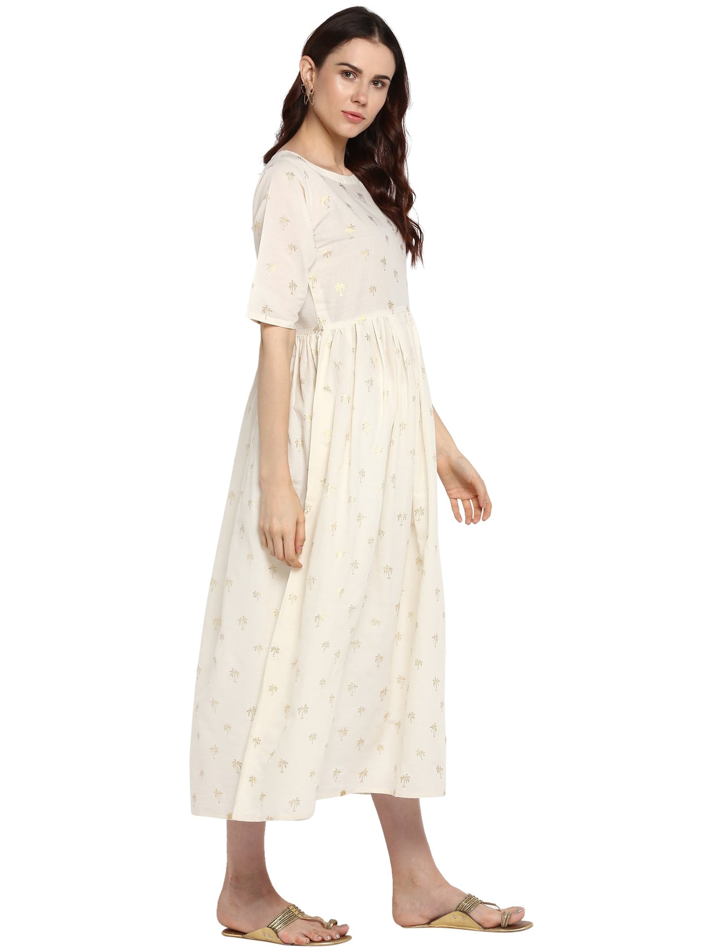 Women's Cream Cotton Only Kurta Dress With Small Banana Tree Print