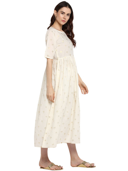 Women's Cream Cotton Only Kurta Dress With Small Banana Tree Print